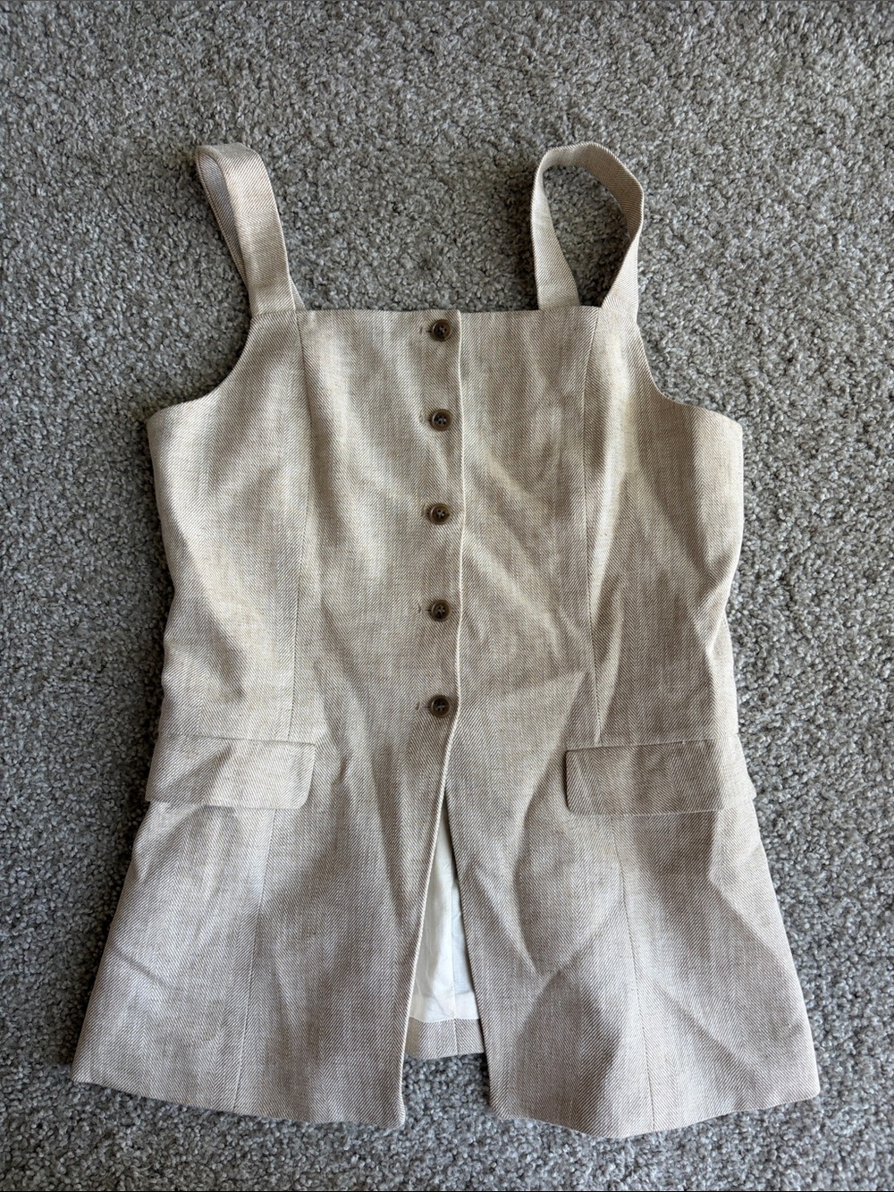 Beige Button-Front Linen Blend Vest